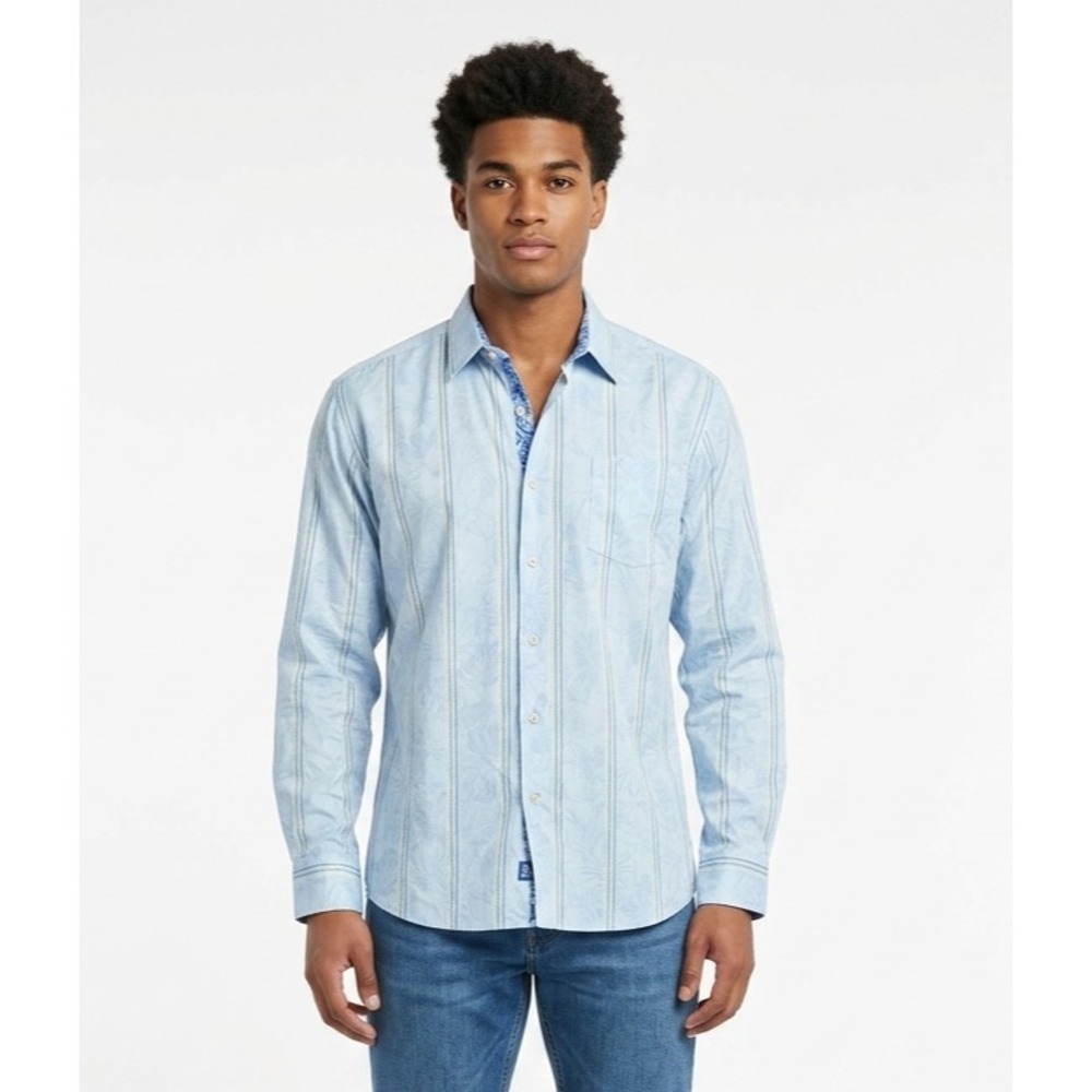 Tommy Bahama Mens XL Sky Blue Silk Blend Floral Striped Button Up Shirt Long Slv
